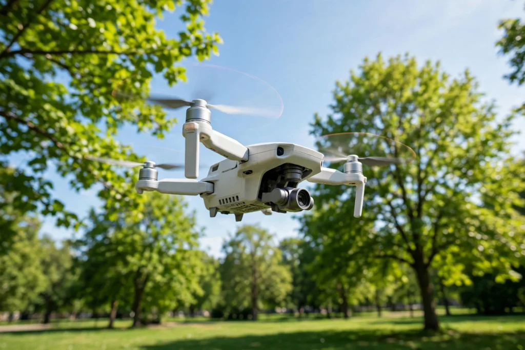 White quadcopter drone robot hovering in a sunny park with its camera gimbal underneath