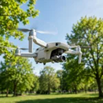 White quadcopter drone robot hovering in a sunny park with its camera gimbal underneath