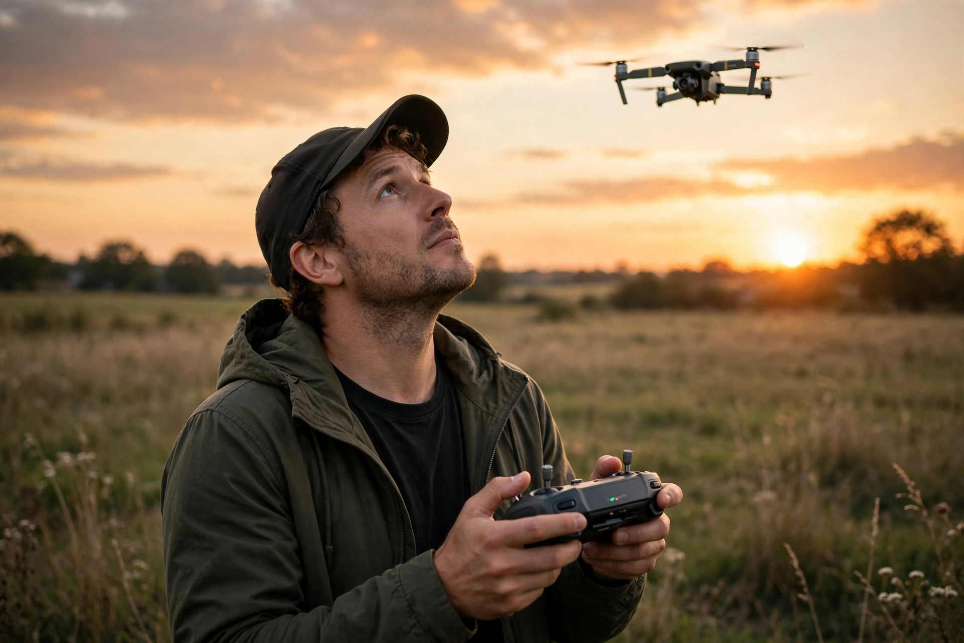 Person holding a drone remote controller and watching a drone fly over an open field at sunset