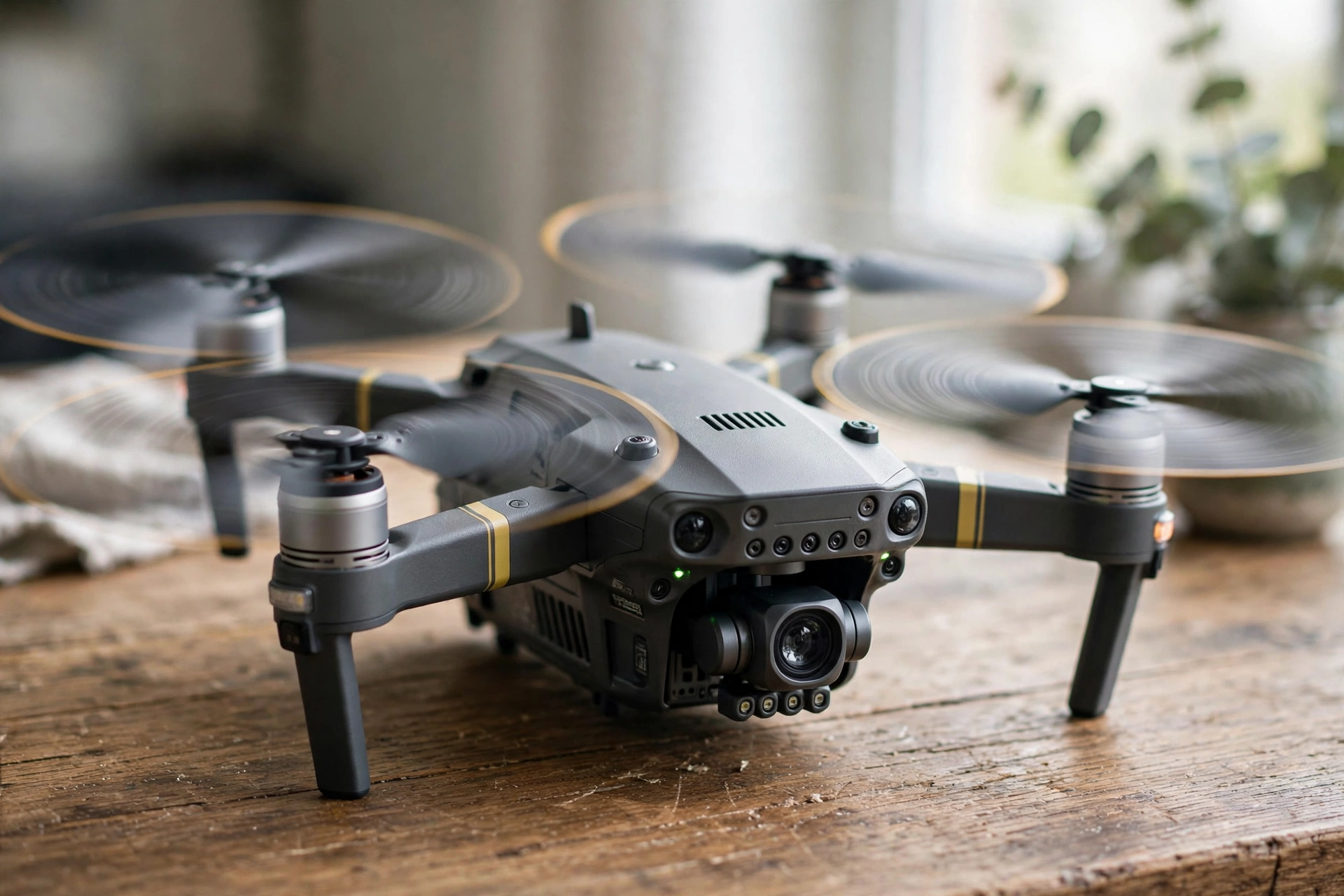 Close-up of a drone robot on a wooden table showing its propellers, camera, and front sensors