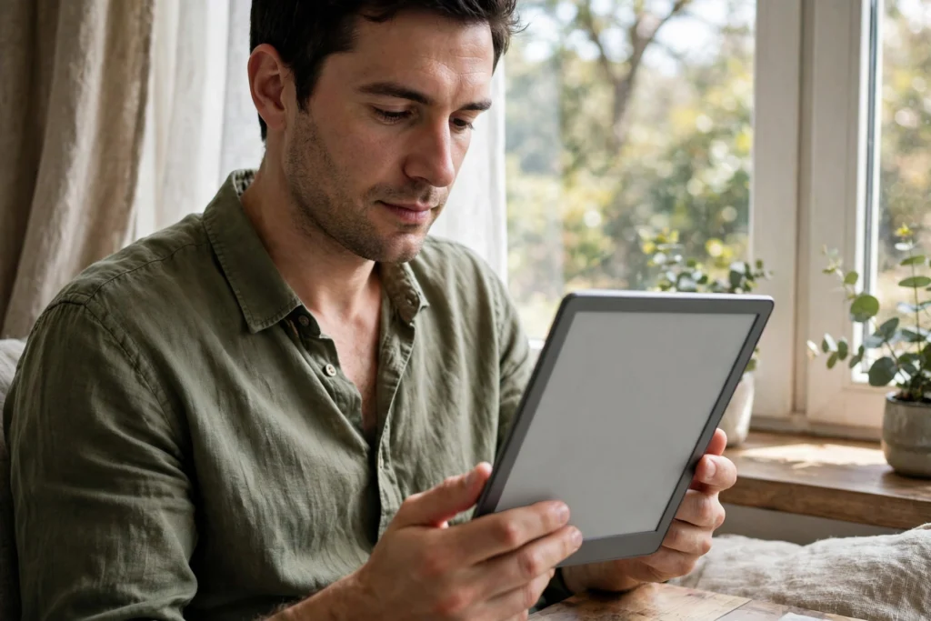 Man reading on a slim e-reader with a paper-like grey screen beside a bright window