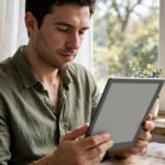 Man reading on a slim e-reader with a paper-like grey screen beside a bright window