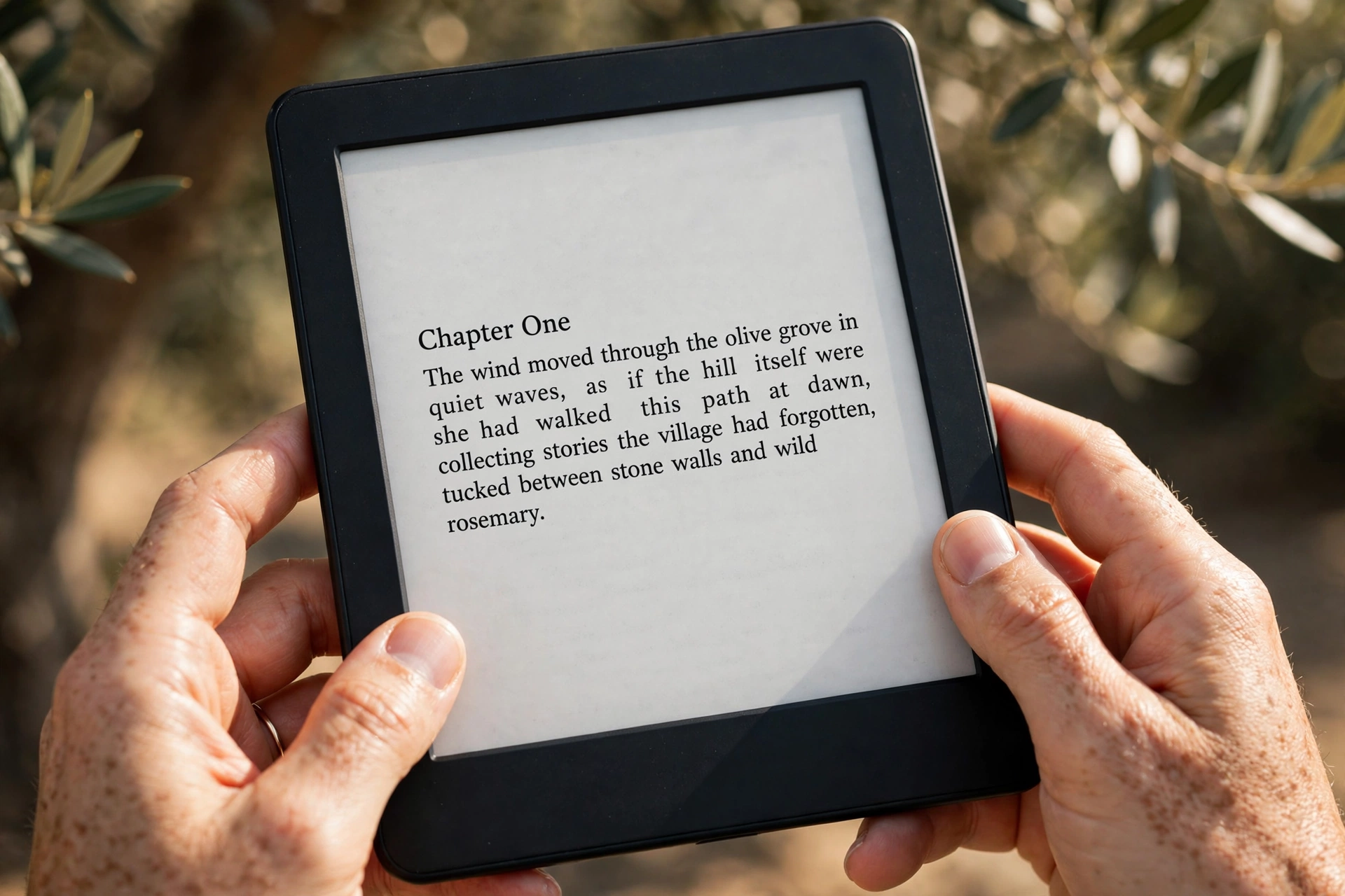 Close-up of hands holding an e-reader outdoors in sunlight showing crisp black book text on a matte screen