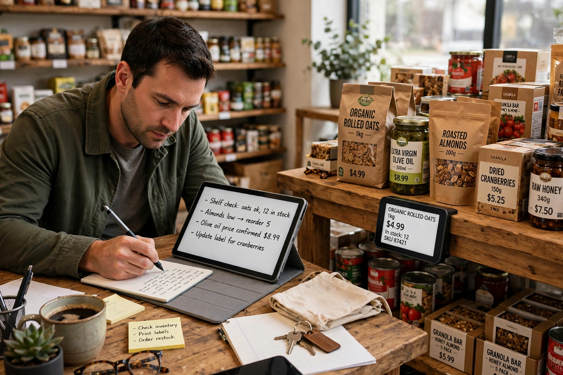 Shop shelf with an electronic paper price label beside products and an e-note tablet with a handwritten checklist