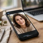 Smartphone on a desk showing a portrait photo on its screen, with a laptop blurred in the background