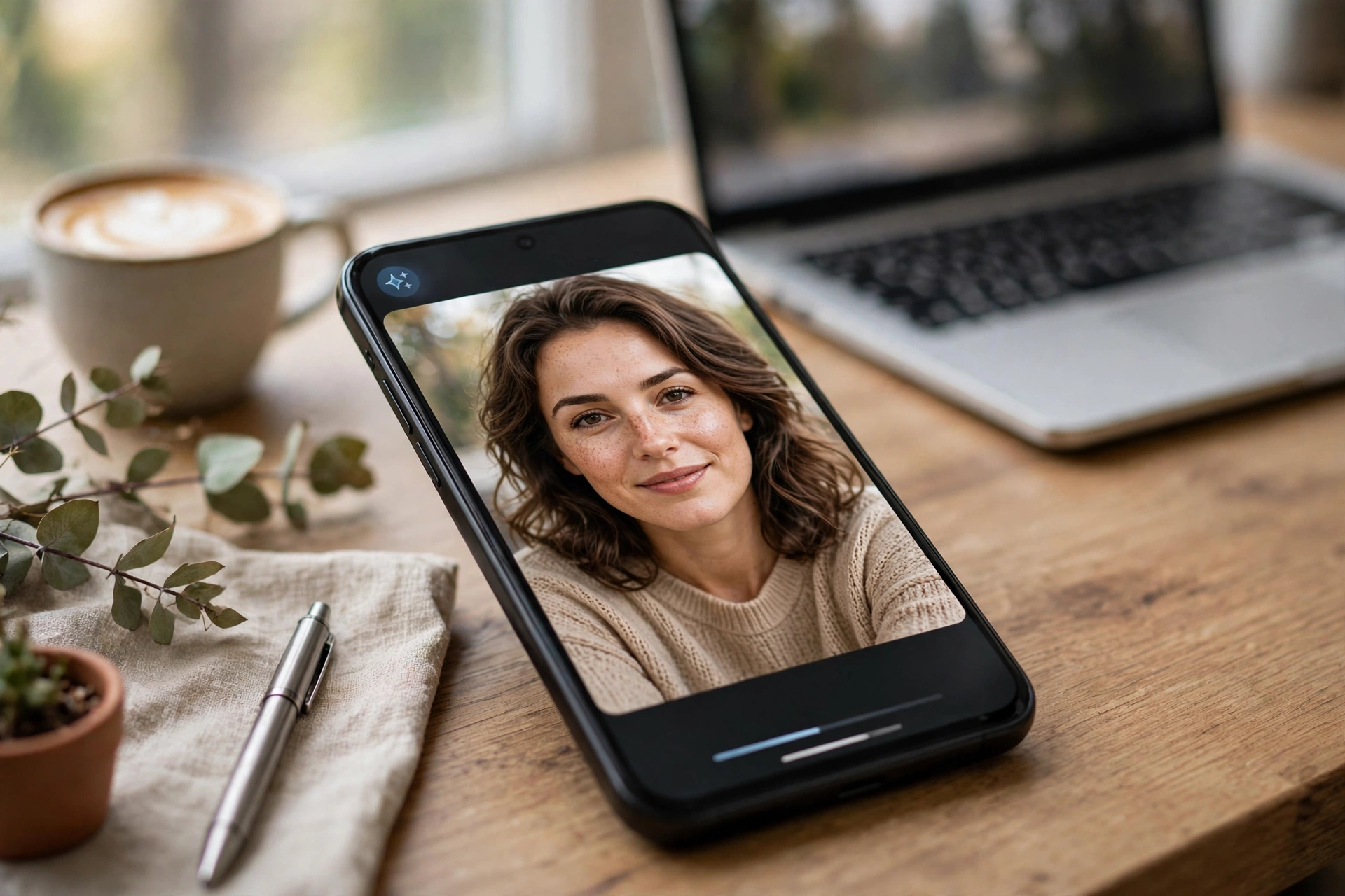 Smartphone on a desk showing a portrait photo on its screen, with a laptop blurred in the background