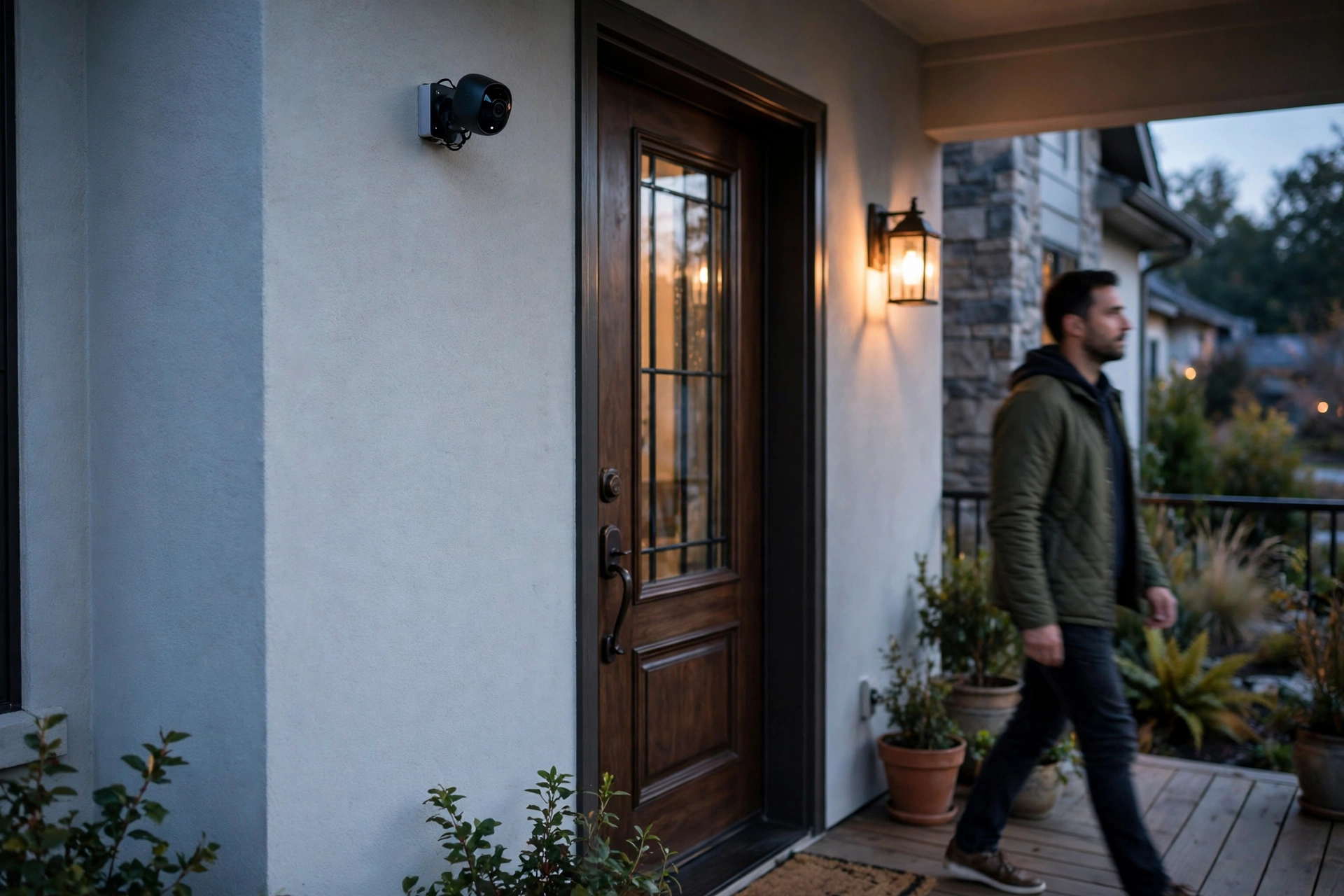 Small smart home security camera mounted beside a front door as a person walks across the porch at dusk