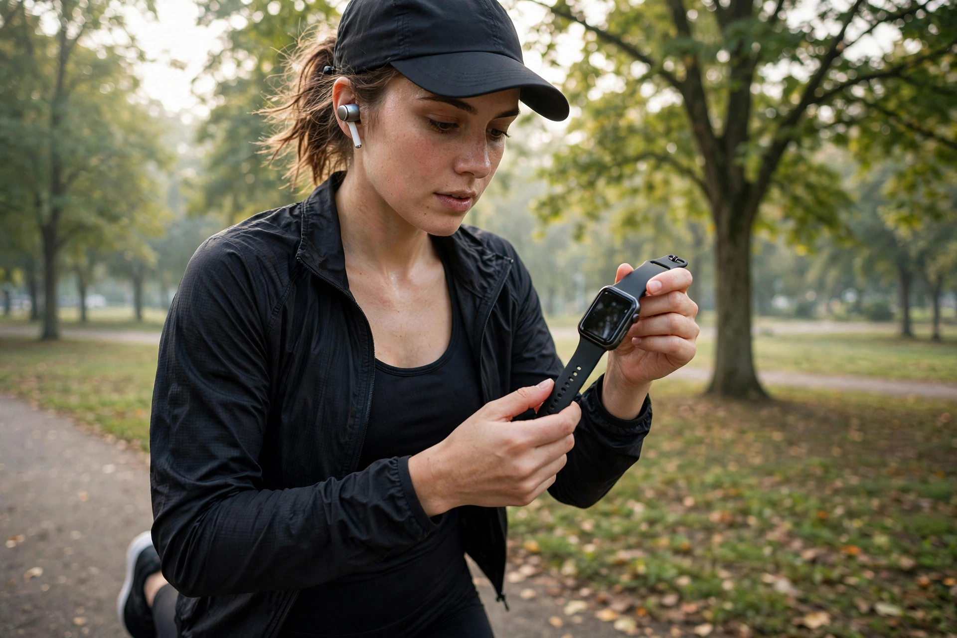Jogger in a park wearing wireless earbuds and checking a smartwatch