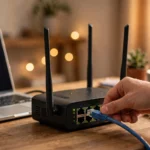 A hand plugging a blue Ethernet cable into a router beside a laptop on a wooden desk
