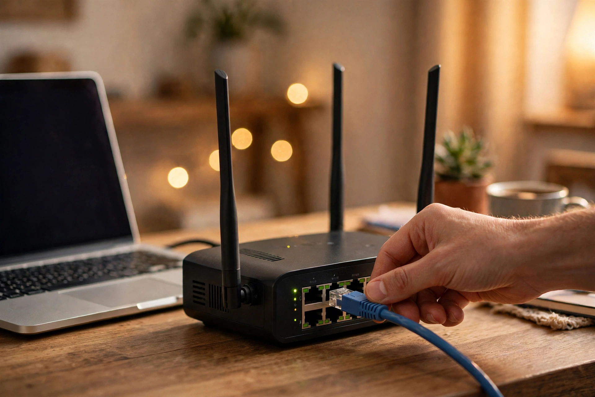 A hand plugging a blue Ethernet cable into a router beside a laptop on a wooden desk