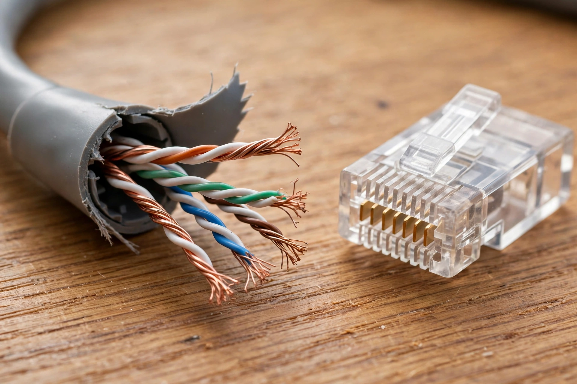 Twisted copper wires inside a cut Ethernet cable beside a clear RJ45 connector on a wooden desk