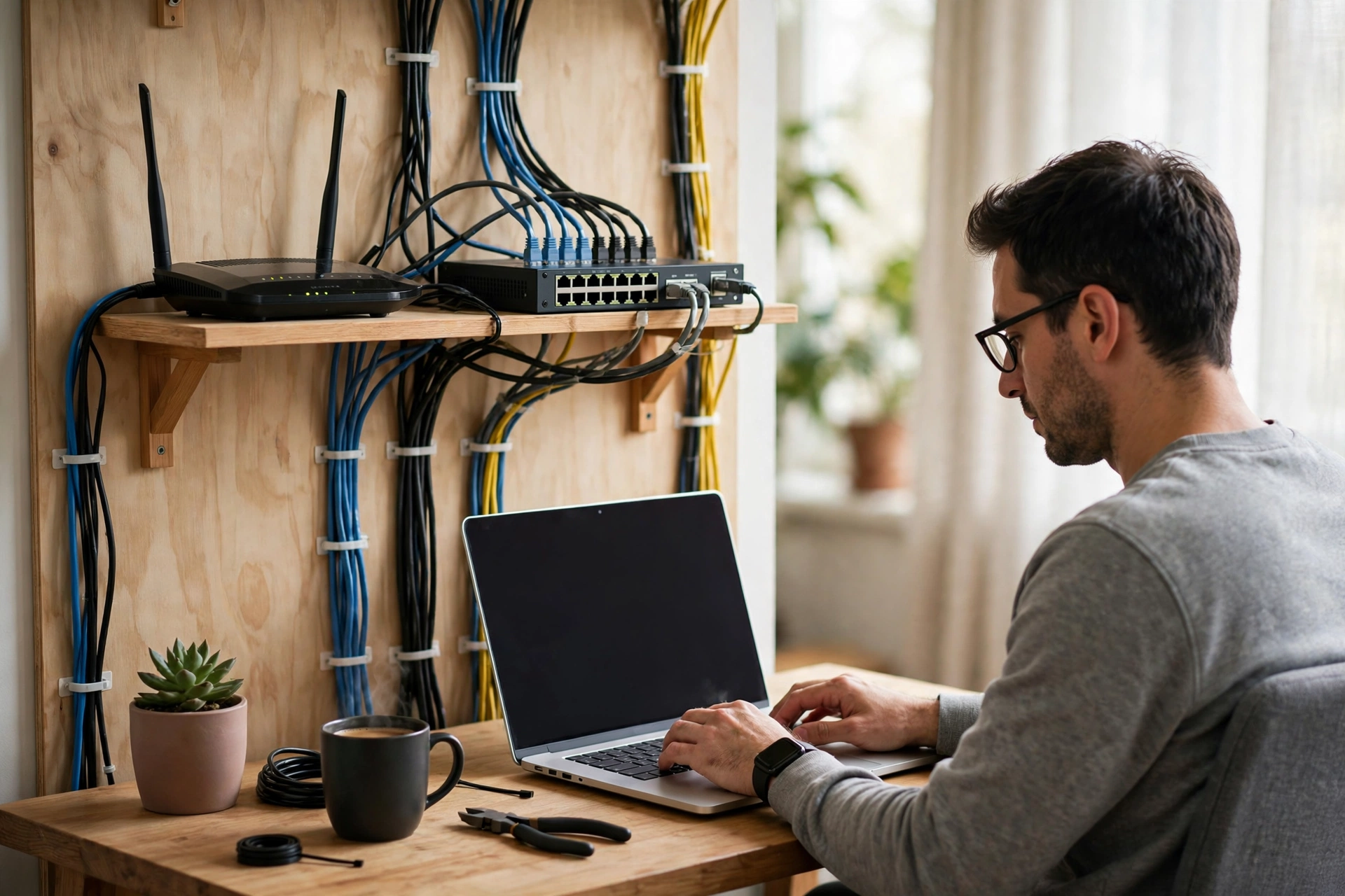 A home network shelf with a router and switch, neatly routed Ethernet cables, and a person working on a laptop nearby