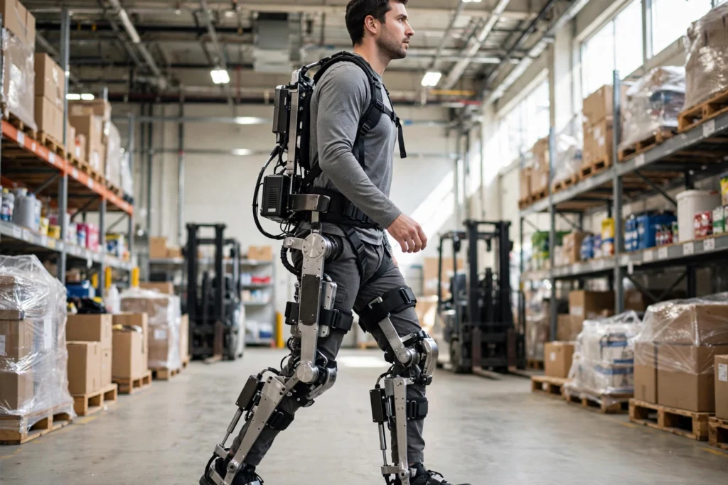 Worker wearing a powered lower-body exoskeleton with metal leg frames walking in a warehouse aisle