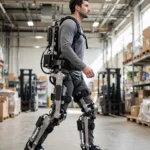Worker wearing a powered lower-body exoskeleton with metal leg frames walking in a warehouse aisle