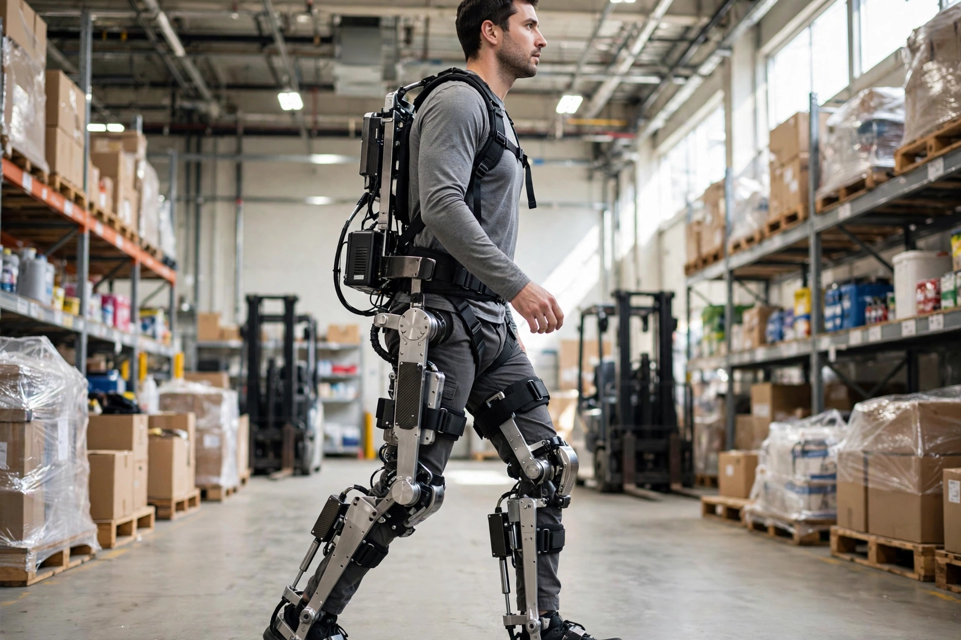 Worker wearing a powered lower-body exoskeleton with metal leg frames walking in a warehouse aisle