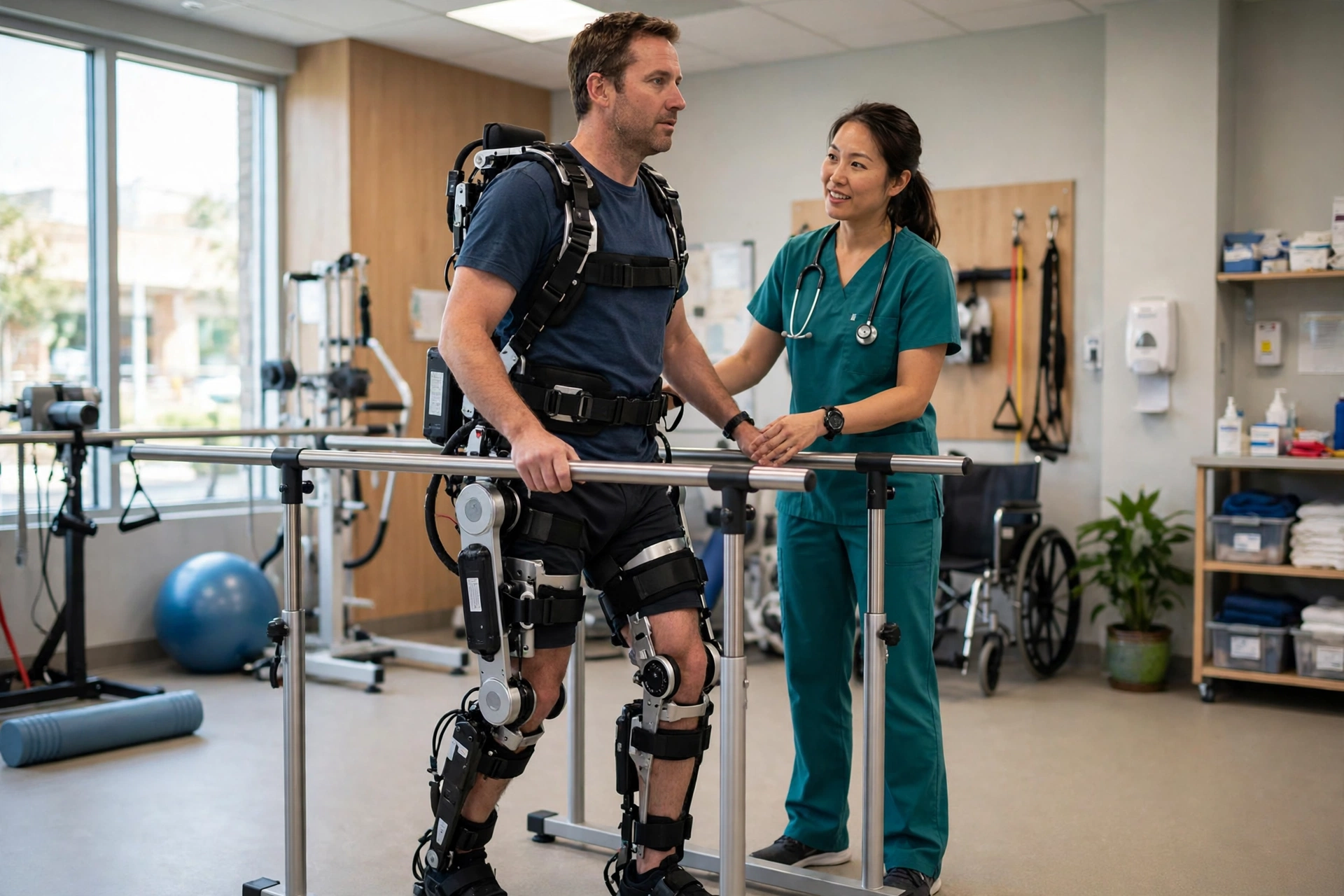 Patient wearing a robotic exoskeleton practising walking between parallel bars with a therapist beside them