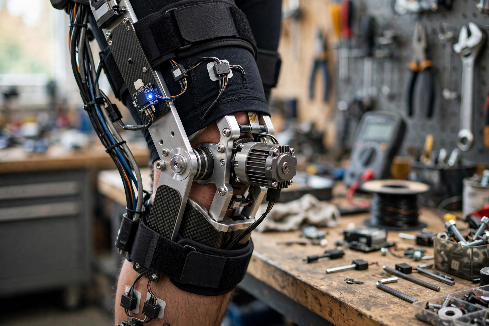 Close-up of an exoskeleton knee joint with sensors, cables and a motor housing on a leg