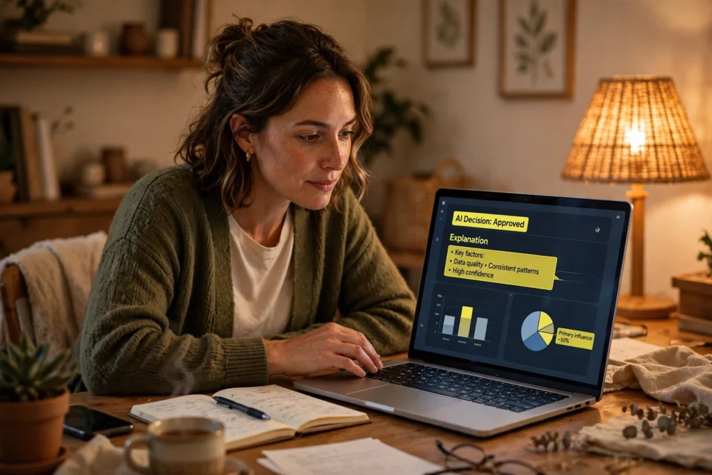 Woman at a desk reviewing a laptop screen showing an AI decision with highlighted key factors and charts
