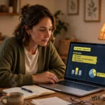 Woman at a desk reviewing a laptop screen showing an AI decision with highlighted key factors and charts