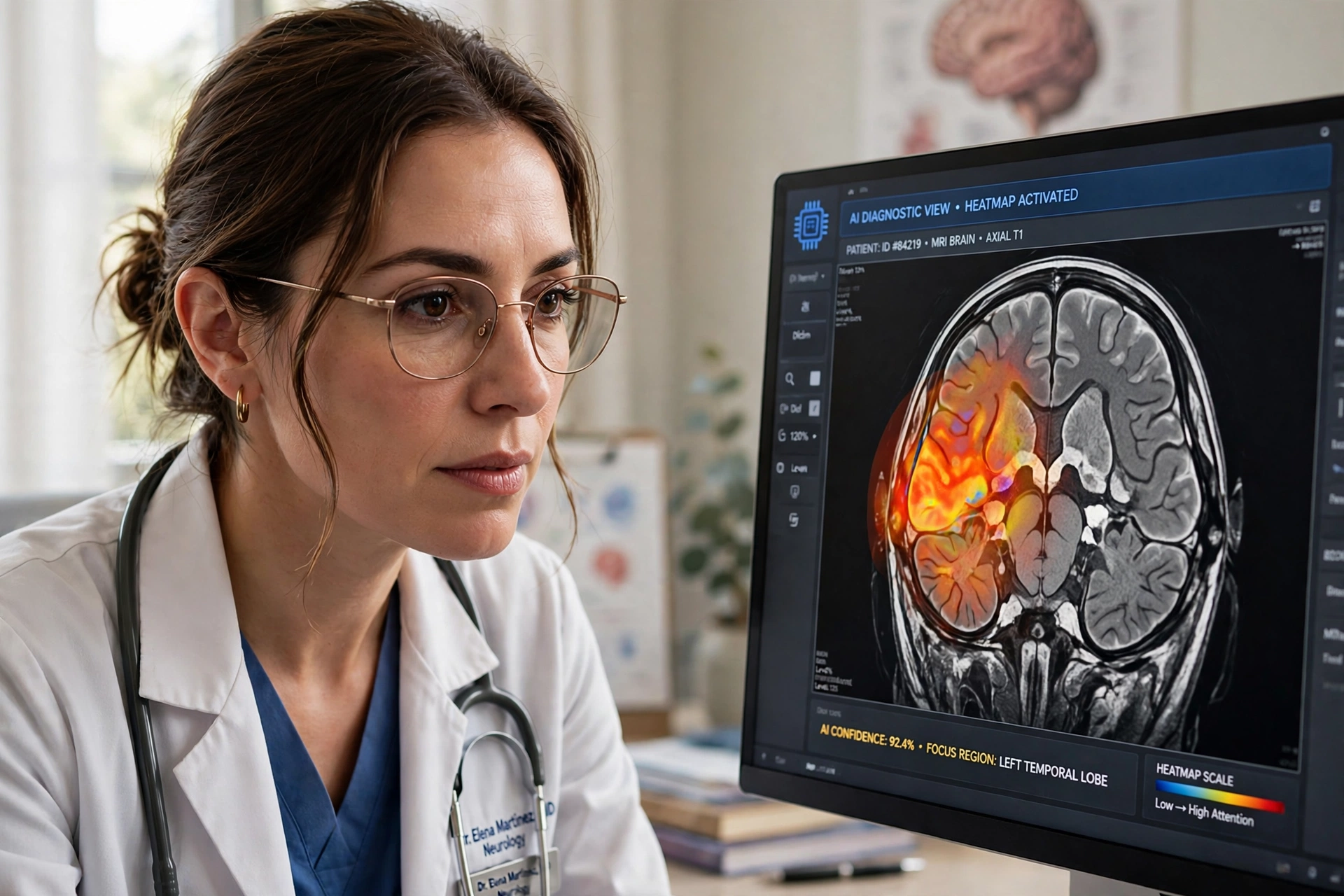 Doctor reviewing a brain scan on a monitor with a coloured highlighted region showing where an AI system focused