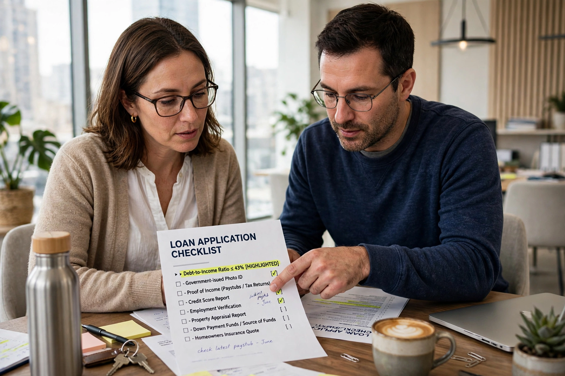 Two people reviewing a printed loan application checklist with one factor highlighted
