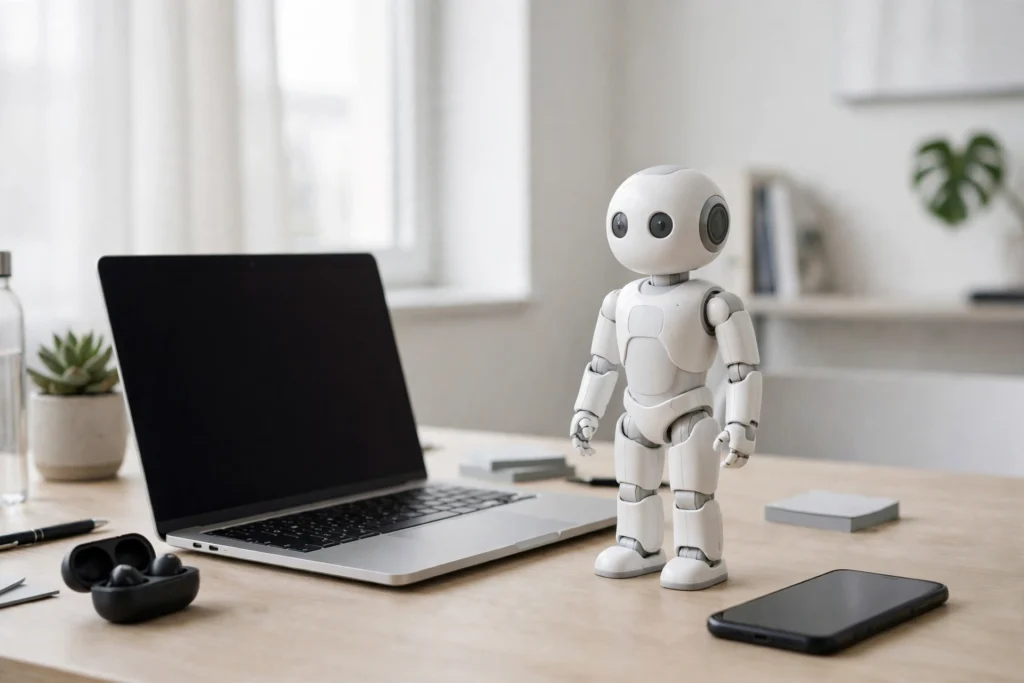 Small white robot assistant standing on a desk beside a laptop and phone