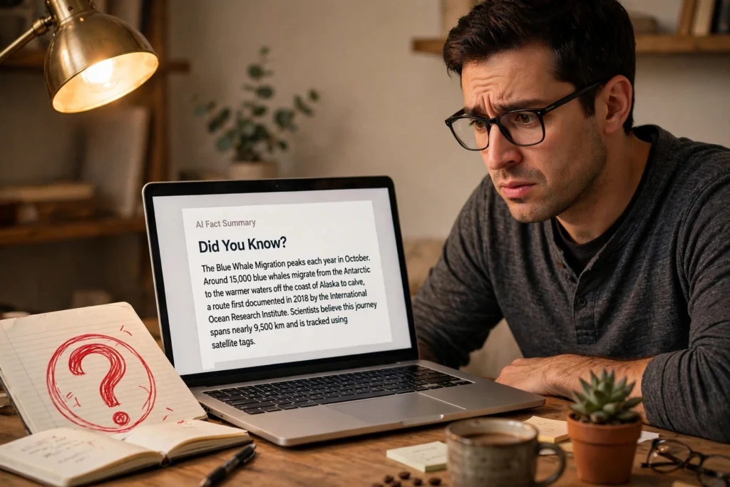 Man looking puzzled at a laptop fact summary with a large red question mark in a notebook