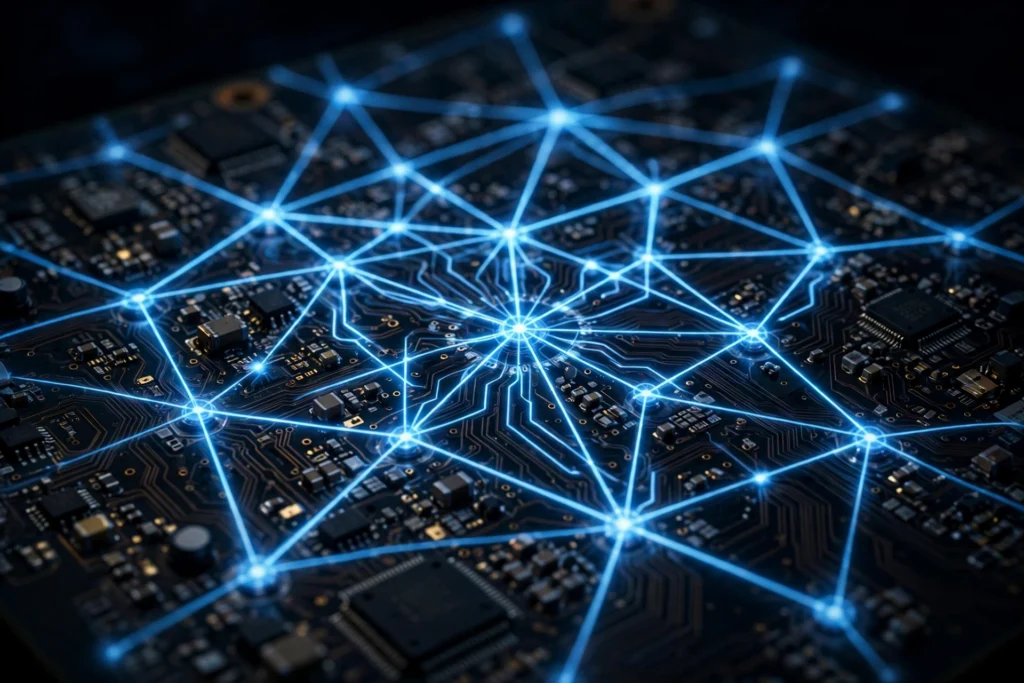 Computer circuit board with glowing blue neural network connections