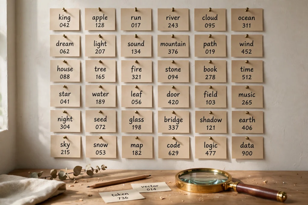 Wall grid of word cards each paired with a number, with a magnifying glass below