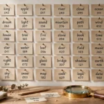Wall grid of word cards each paired with a number, with a magnifying glass below