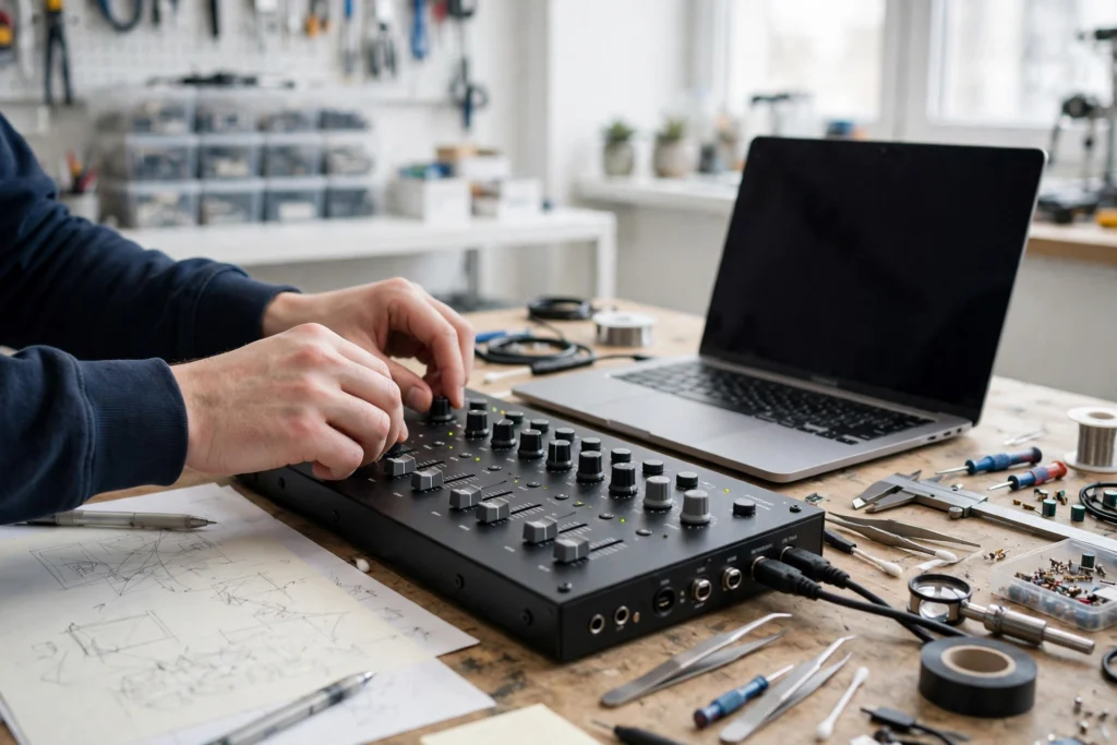 Hands adjusting dials on a control panel beside a laptop on a workbench