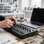 Hands adjusting dials on a control panel beside a laptop on a workbench