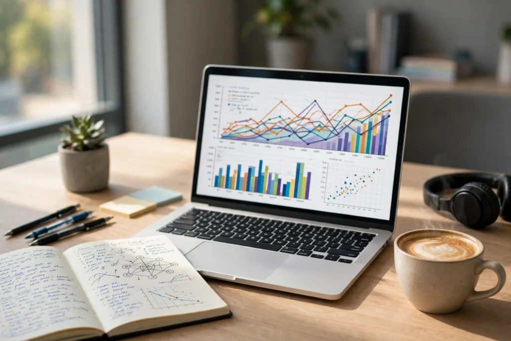 Laptop showing colorful machine learning charts and graphs on a bright desk