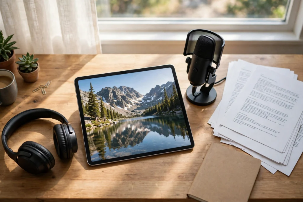 Tablet showing a mountain photo beside a microphone, headphones, and printed text pages