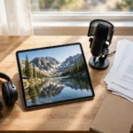 Tablet showing a mountain photo beside a microphone, headphones, and printed text pages