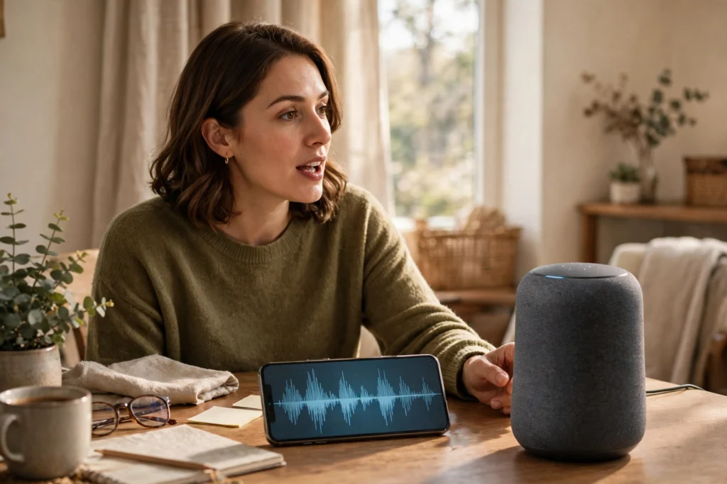 Woman speaking to a smart speaker with a voice waveform on a phone