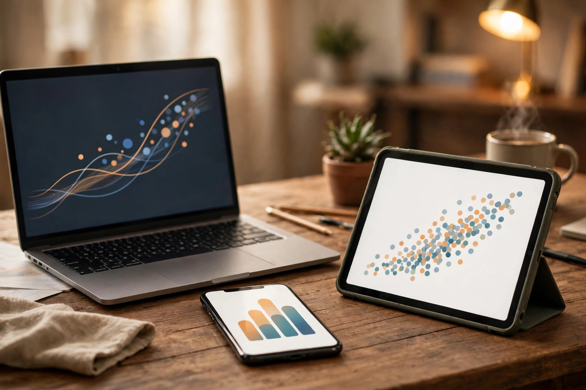 Laptop, tablet, and smartphone on a wooden desk showing learning charts and data patterns