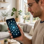 Man holding a smartphone showing a connected network of smart devices in a bright living room