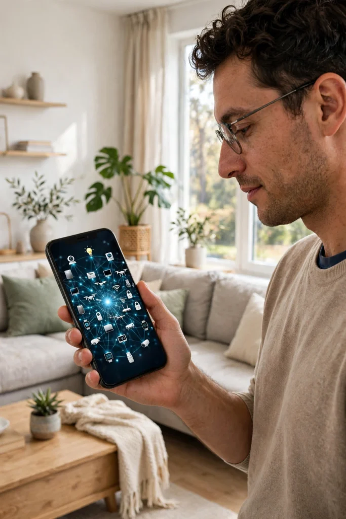 Man holding a smartphone showing a connected network of smart devices in a bright living room