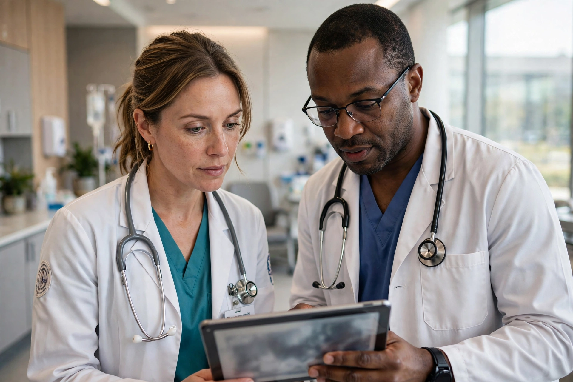 Two doctors in a hospital reviewing patient information on a tablet together