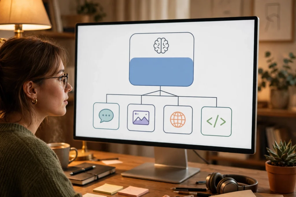 Woman looking at a computer screen showing one large base model branching into chat, image, translation, and code tasks