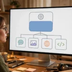Woman looking at a computer screen showing one large base model branching into chat, image, translation, and code tasks