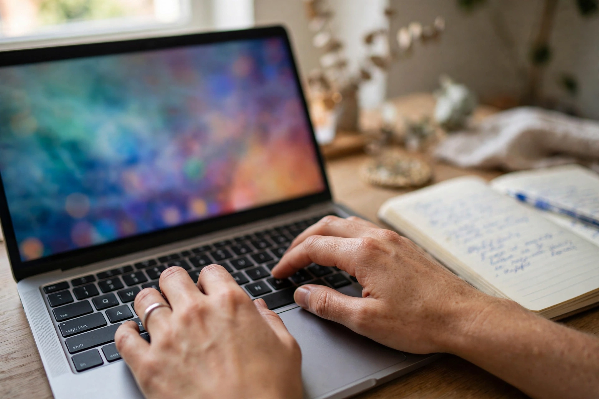 Hands typing on a laptop beside an open notebook, with a colourful blurred pattern on the screen