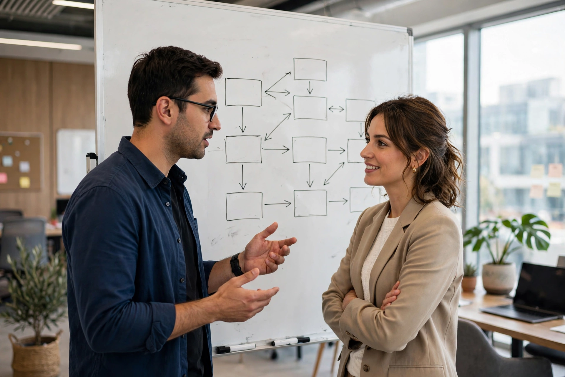 Two colleagues discussing a boxes-and-arrows diagram on a whiteboard in a bright office