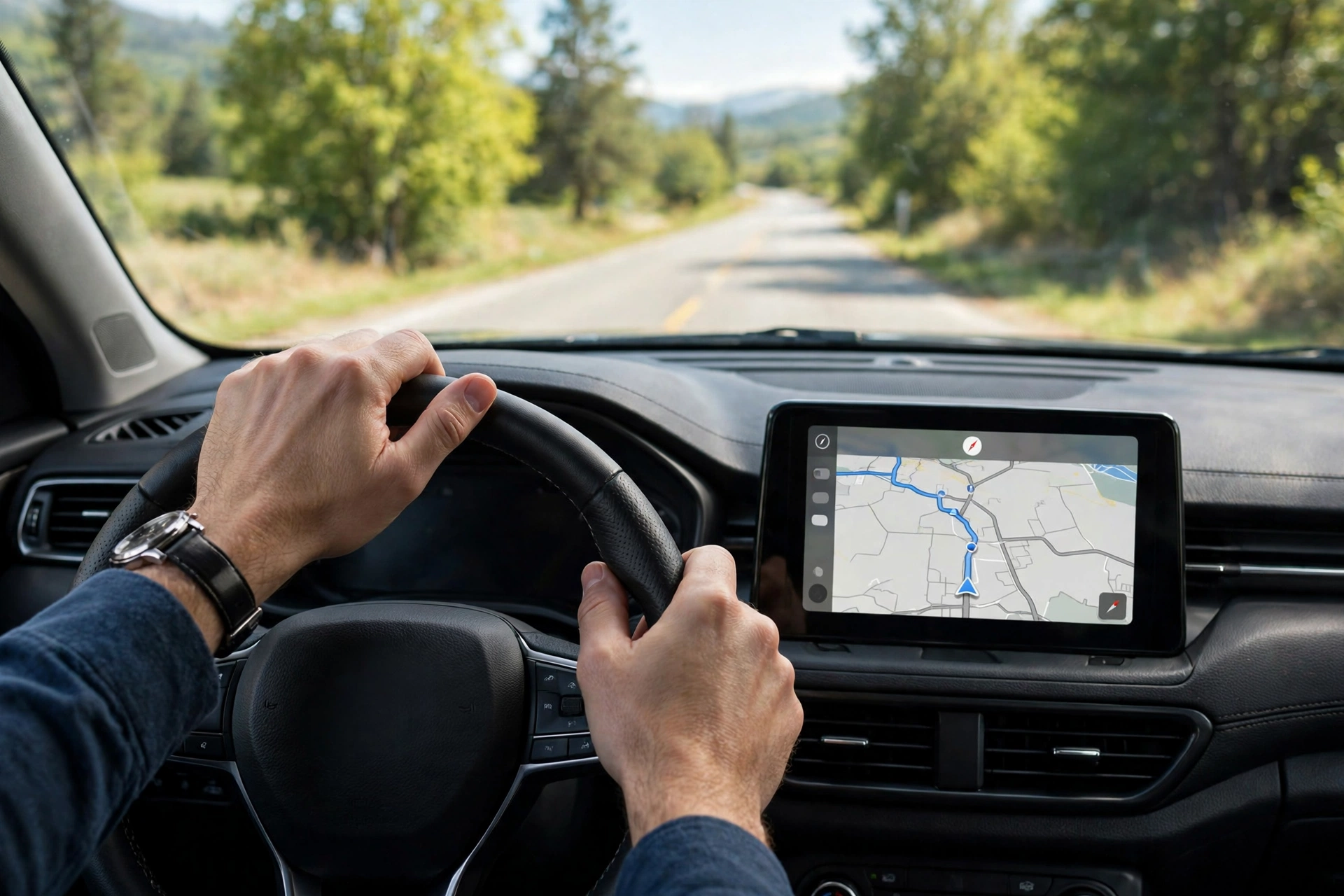 Driver following a GPS map route on a car dashboard screen on a daytime road