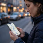 Person holding a smartphone showing a blue GPS navigation route on a city street at dusk