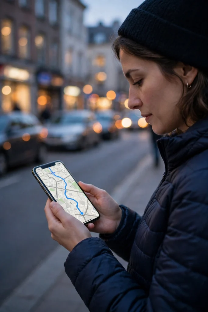Person holding a smartphone showing a blue GPS navigation route on a city street at dusk