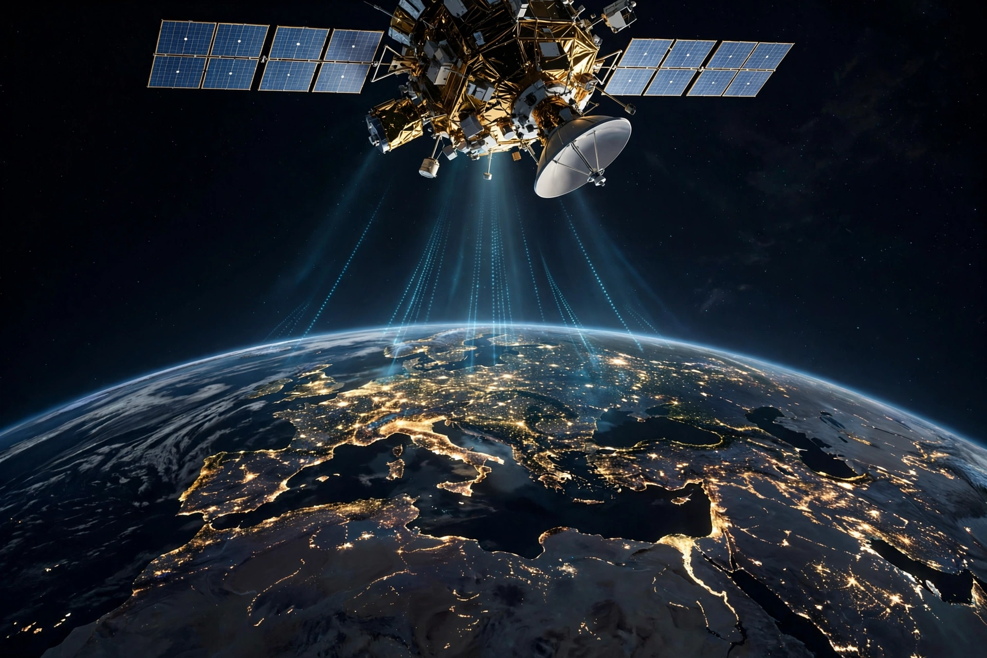 GPS satellite above Earth at night sending signals down toward glowing city lights