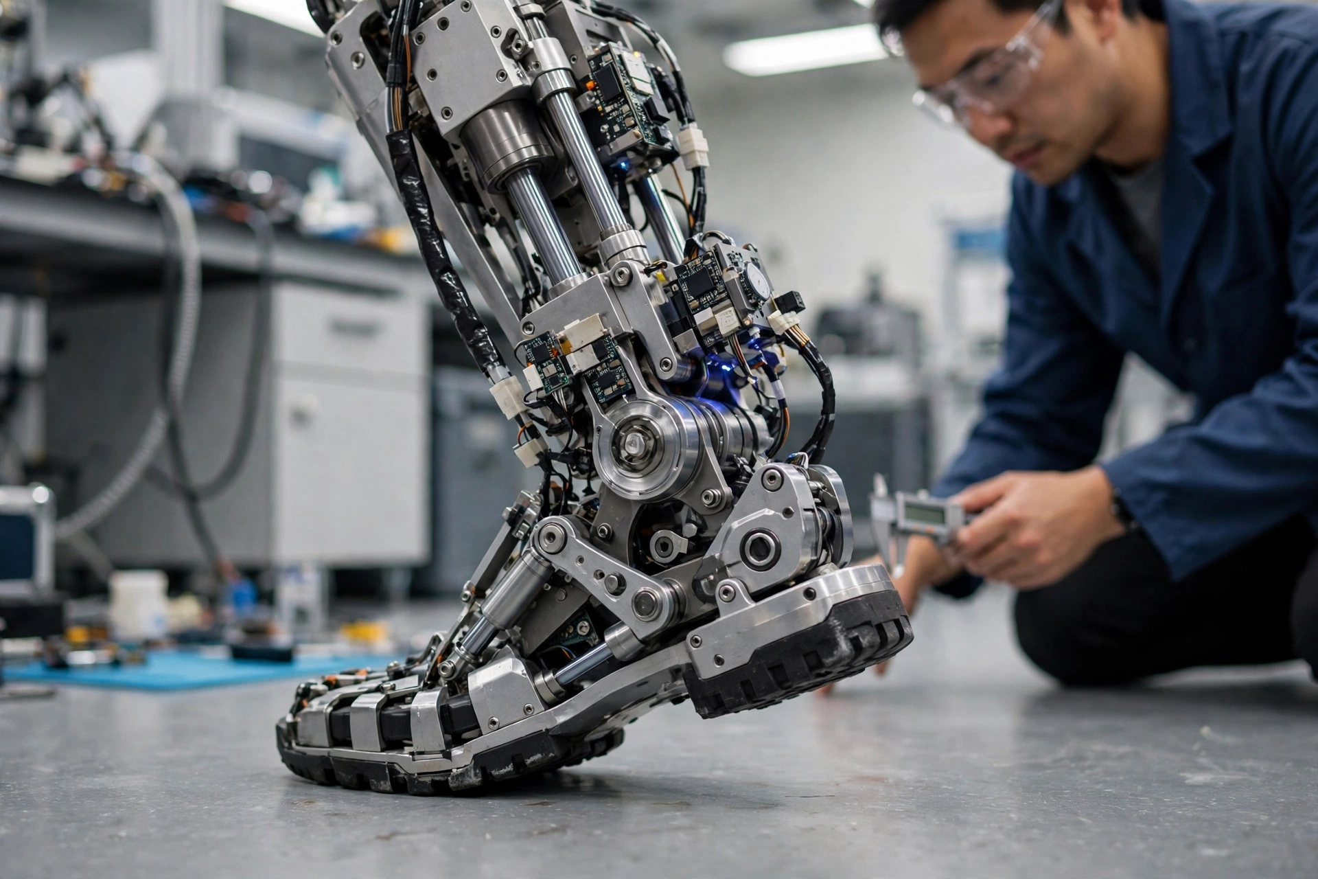 Close-up of a humanoid robot ankle and foot joint with sensors and motors while an engineer checks its balance