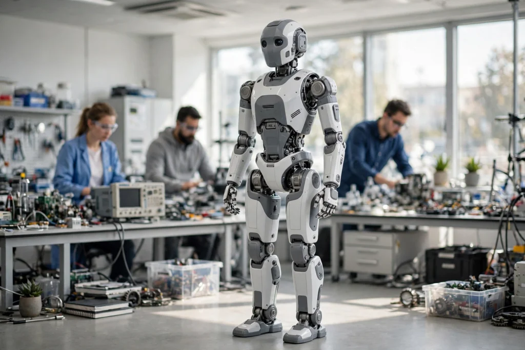 White and grey humanoid robot standing upright in a bright laboratory while engineers work in the background